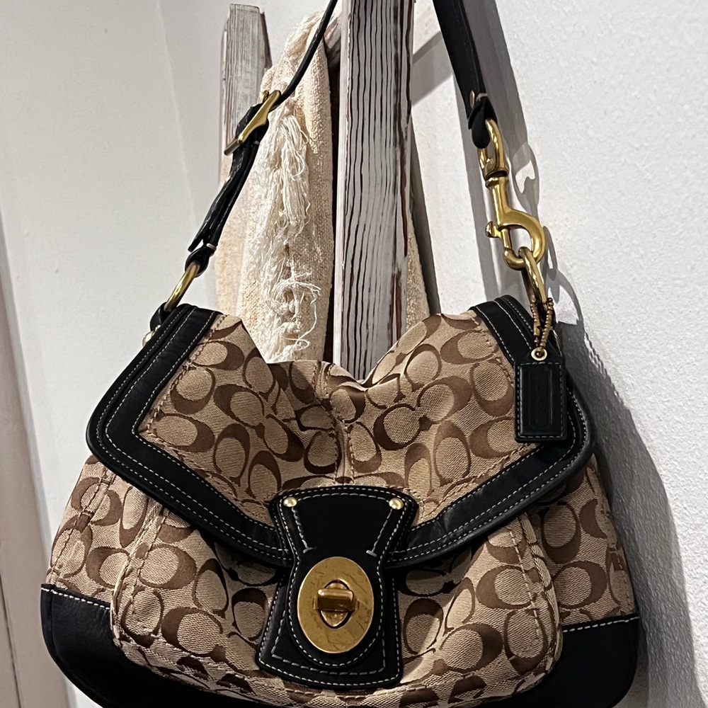 Coach Tan and Black Signature Shoulder Bag